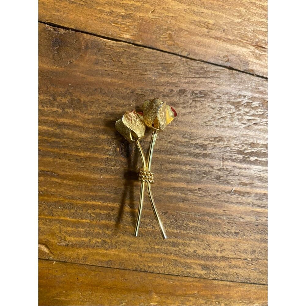 Giovanni 2 Roses Flower pin brooch gold-tone jewelry 2 inch